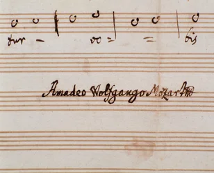 Detail van de handtekening van de componist op de bladmuziekpagina van Querite primum regnum Dei door Mozart om de titel van Accademico filarmonico te verkrijgen (1770)