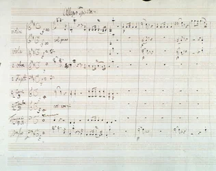 Pagina van de muzikale partituur van Symfonie nr. 8 in D majeur, door Mozart (1768)