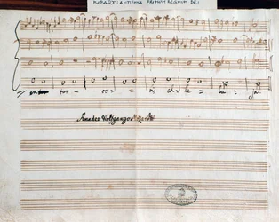 Pagina met de handtekening van de componist van Querite primum regnum Dei door Mozart om de titel van Accademico filarmonico te verkrijgen (1770)