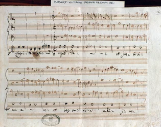 Bladmuziekpagina van Querite primum regnum Dei door Mozart om de titel van Accademico filarmonico te verkrijgen (1770)