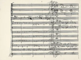 Wolfgang Amadeus Mozart (1756-1791) Oostenrijkse componist. Autograaf van het slot van de Feuermuziek en het begin van het duet van Pamina en Tamino (Wij wandelden door vuurgloed) uit Die Zauberflöte. 1791