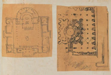 Pagina uit een plakboek met tekeningen en verschillende prenten van architectuur, ca. 1800-1850. Makers: Werkplaats van Charles Percier, Werkplaats van Pierre François Léonard Fontaine