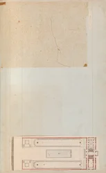 Pagina uit een plakboek met tekeningen en verschillende prenten van architectuur