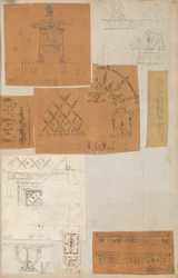 Pagina uit een plakboek met tekeningen en verschillende prenten van architectuur, ca. 1800-1850. Makers: Werkplaats van Charles Percier, Werkplaats van Pierre François Léonard Fontaine