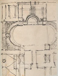 Pagina uit een plakboek met tekeningen en verschillende prenten van architectuur