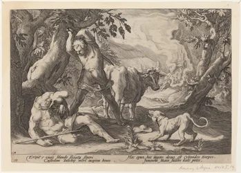 Landschap met Mercurius die zijn zwaard heft om een slapende Argus te doden