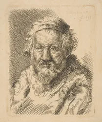Buste van een oude man in een jas en bontkraag