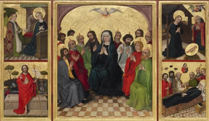 Altaarstuk van de Heilige Geest open. Pinksteren, Aankondiging, Geboorte, Opstanding van Christus en Dood van de Maagd, ca. 1448