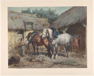 Paarden bij een stal