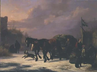 Een paardenslee bij een kraam