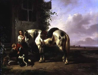 Exterieur van een herberg met jong meisje, jongen, hond, paard