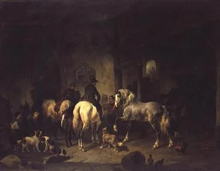 Het interieur van een stal met sportmannen en andere dieren