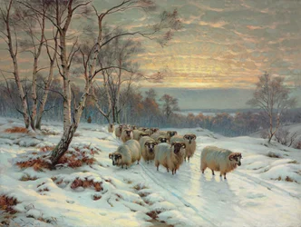 Een herder met zijn kudde in een winterlandschap