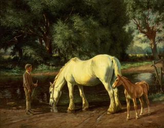 Een merrie en haar veulen bij een Ford (olieverf op doek)