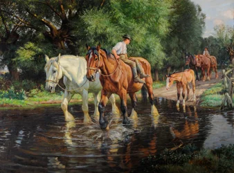 Boerderijdieren bij een doorwaadbare plaats, ca. 1915