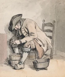 Een zittende man gebogen over een emmer; drie vrouwen (schimmig) op de achterzijde
