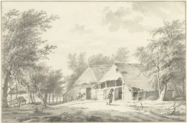Landschap met boerderij en vrouw met mand