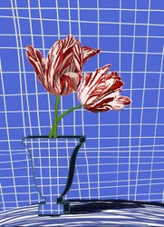 Rode tulpen, blauw raster