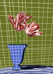Gestreepte tulpen in blauwe vaas