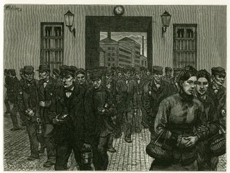 Een fabrieksuitgang in Gent. Gravure door X. Mellery, naar de natuur, ter illustratie van het verhaal 