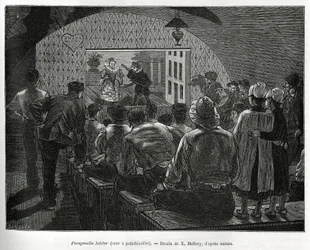 Kelder voor Polichinelles, een kelder ontworpen voor poppenshows. Gravure ter illustratie van het verhaal van België door Camille Lemonnier, gepubliceerd in de Tour du monde onder redactie van Edouard Charton (1807-1890)