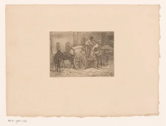 Mannen laden zakken af van een wagen getrokken door muildieren