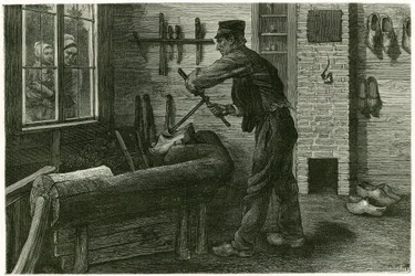 De saboteur van Terneuzen, heeft zijn vestiging, vergroot en graaft het hout met behulp van cramms. Gravure door X. Mellery, naar de natuur, ter illustratie van het verhaal 