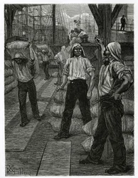 Het lossen van een schip, de dokwerkers met hun hoofden bedekt met een teerhoed, stapelen de goederen op de kades van de haven van Antwerpen. Gravure door X. Mellery, ter illustratie van het verhaal van België, door Camille Lemonnier, gepubliceerd in de To
