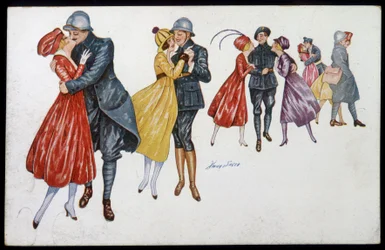 Militairen en hun verloofden, marainnes of vrienden - illustratie door Xavier Sager (1870-1930) ansichtkaart, ca. 1915