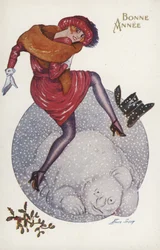 Nieuwjaarskaart met een meisje en een sneeuwpop