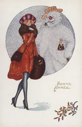 Nieuwjaarskaart met een meisje en een sneeuwman