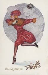 Nieuwjaarskaart met een meisje en een sneeuwman