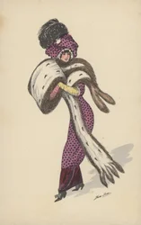 Mooi meisje, in paarse jurk met grote bontmof en draperie