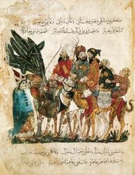 Karavaan van Arabische handelaren, miniatuur uit de Maqamat (De bijeenkomsten) van Al-Hariri, ca. 1240