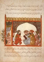 Ms Ar 5847 f.16, Kanselarij Maragha: de gouverneur heeft voorgesteld dat Abu Zayd in zijn dienst treedt, uit Al Maqamat door Al Hariri, ca. 1240
