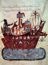 de burger al-Harith (Al Harith), zoon van Hammam, en de zwervende navigator Abu-Zayd (Abu Zayd) op een miniatuurboot uit de 