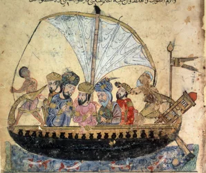 De burger al-Harith (Al Harith), zoon van Hammam, en de zwervende navigator Abu-Zayd (Abu Zayd) op een boot op de Eufraat. Miniatuur uit de «Maqamat» (Zittingen) van Abu Mohammed al-Kasim ibn Ali Hariri (of Al-Hariri of Al Hariri) (1054-1122)
