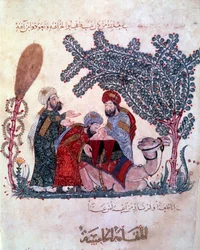 de burger al-Harith, zoon van Hammam, ontdekt een bericht van de zwervende navigator Abu-Zayd. Miniatuur uit de 