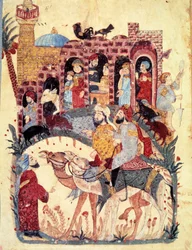 De burger al-Harith en de zwervende navigator Abu-Zayd arriveren in een stad, de moskee en de minaret, handelsactiviteiten, bazaars en vrouwenwerk worden beschreven. Miniatuur uit de "Maqamat" (Seances) door Abu Mohammed al-Kasim ibn Ali Hariri