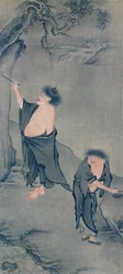 Twee Chinese kluizenaars, Han Shan schrijft op een rots en Shih Te bereidt zijn inkt, naar een kakemono van Yan Hui en gepubliceerd in het tijdschrift 