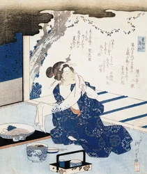 Courtisane in yukata (blauw-witte katoenen kimono), wandpaneel versierd met gedicht