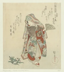 Vrouw met viooltjes (Beroemde bloemen uit de drie steden) (Santô meishobana) (series title)