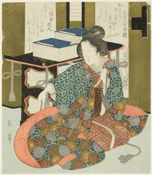 Een Vrouw die aan het Touw van een Boekenkast Trekt, uit de serie "Een Set van Zeven voor de Katsushika Club"