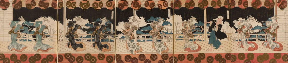 Dansende courtisane en een man (mogelijk dichter Hisakataya), Twee, uit de pentaptych serie van "Furuichi dansvoorstelling (Furuichi odori)" voor de Hisakataya Poëzie Club