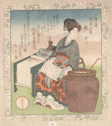 Nuji (Japans: Joki; vrouwelijke bediende die geschriften van taoïstische wijzen samenstelde); ‘Papier’ (Kami), uit Vier vrienden van de schrijftafel voor de Ichiyō-dichtkring (Ichiyō-ren Bunbō shiyū) Uit de Lente-regenverzameling (Harusame shū), dl. 1