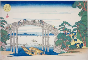 De Stenen Brug over de Aji-rivier bij Nii-heuvel, Osaka, uit de serie "Beroemde Plaatsen in Osaka: Mooie Uitzichten van de Tenpo-berg"