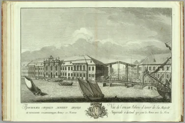 Het tweede Winterpaleis met kanaal en brug Boek ter gelegenheid van het 50-jarig bestaan van Sint-Petersburg, 1753