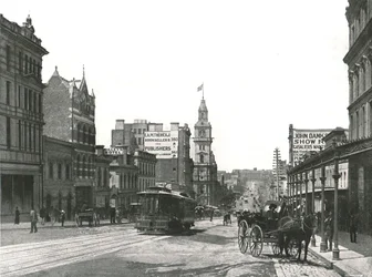 Bourke Street kijkend naar het oosten, Melbourne, Australië, 1895