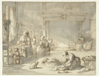 Interieur van huis met vrouwen en kinderen