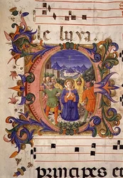Het Martelaarschap van St. Stephen afgebeeld in een versierde initiaal, de rand verlicht door Filippo di Mateo Torelli uit een Koorboek uitgevoerd voor 1449